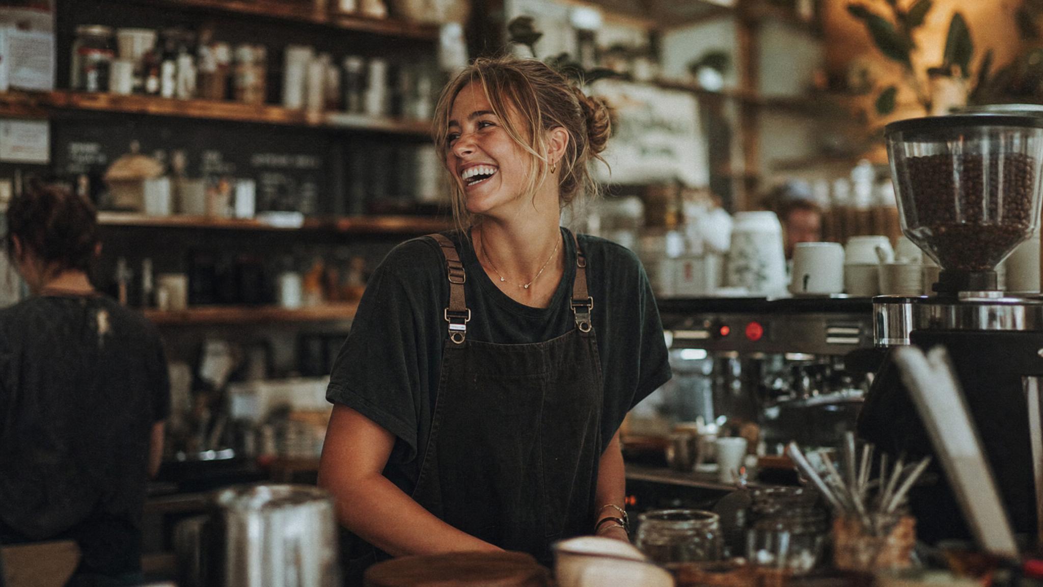 A barista laughing behind the counter of a busy café.