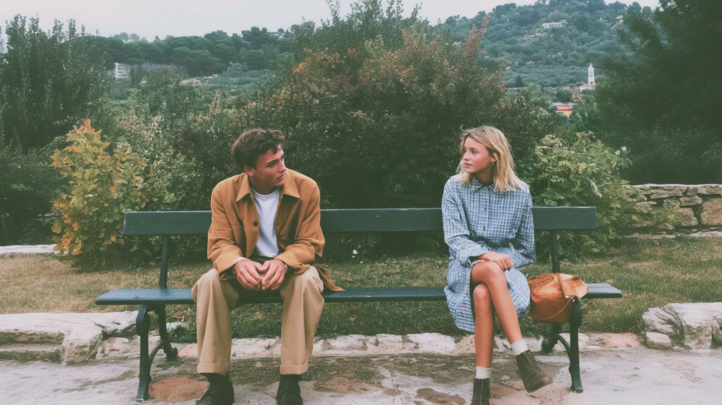 Two strangers on a bench at dusk, one glancing toward the other.